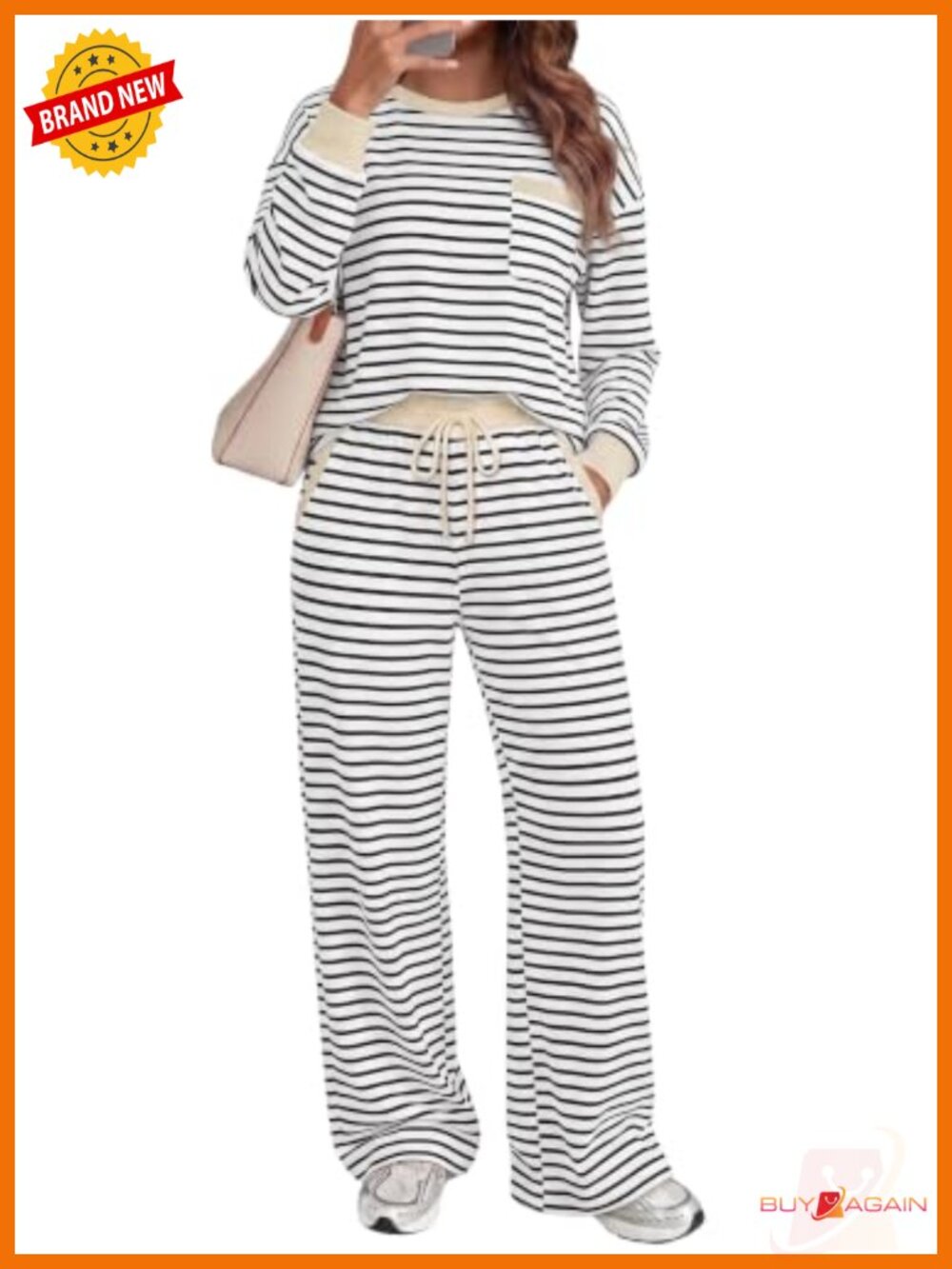 2 Piece Striped Lounge Set Wide Leg Pants Crewneck Pullover Pockets